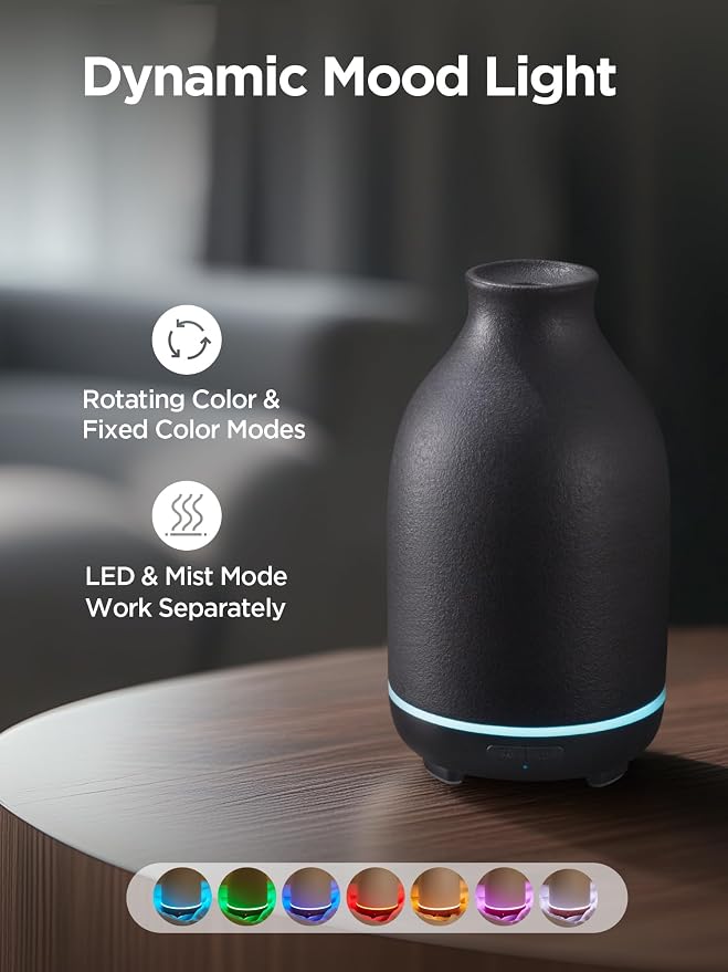InnoGear Essential Oil Diffuser, 150ml Ceramic Stone Diffuser Handcrafted Aromatherapy Diffusers Ultrasonic Cool Mist Humidifier Vaporizor with 2 Mist Modes Waterless Auto Off for Room Office, Black