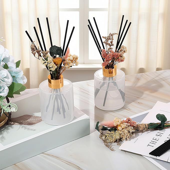 Rtteri 2 Reed Diffuser Sets Flower Oil Diffuser Sticks with Refill Empty 5oz Bottles Scent Glass for Fragrance Home Bathroom Gifts, Oil Not Included (Milky Color)