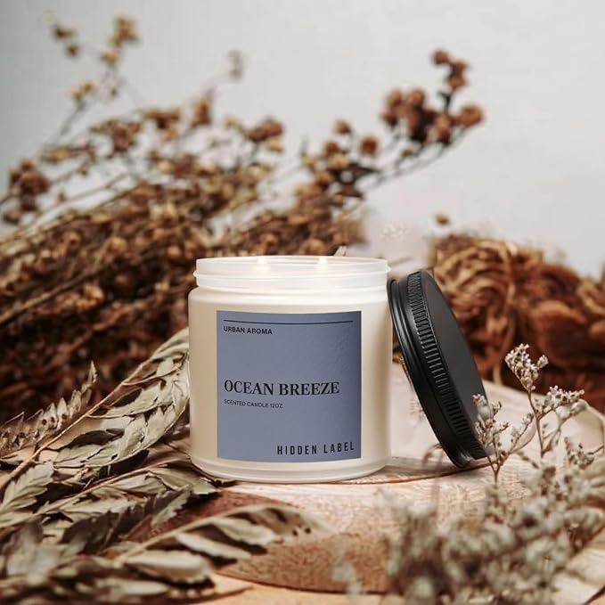 Hidden Label Ocean Breeze Soy Candle, 12oz 2-Wick, Coastal Fresh | Non-Toxic Natural Wax, Paraben & Phthalate-Free, Clean Burn | Elegant Decor & Gift-Ready | Stress Relief & Mental Clarity