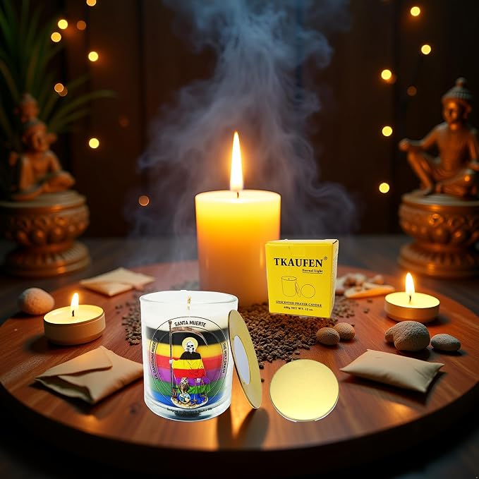 Santa Muerte 7 Color Candle 50 Hours│Natural Soy Wax│Prosperity, Healing, Protection, Abundance, Spiritual Awakening, Love, Wealth, Success, Positive Energy │Design in Mexico City│3“×3.6”