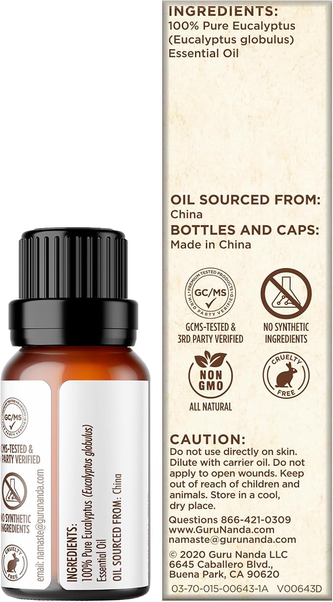 GuruNanda Eucalyptus Essential Oil -100% Pure, Natural and Undiluted Aromatherapy Oil for Diffusers - Aids in Congestion Relief - Perfect for Massages (0.5 Fl Oz)