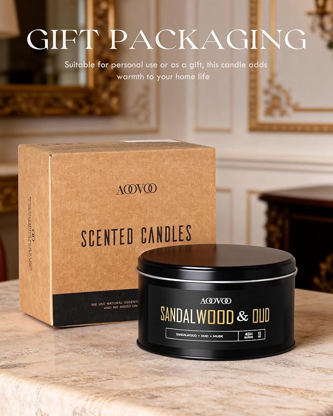 AOOVOO Sandalwood Oud Candles for Men - 3 Wick 12oz Large Scented Candle, Long Lasting Soy Candles for Home Scented, Strong Fragranced Masculine Black Candle Gift for Father Day, Women & Men