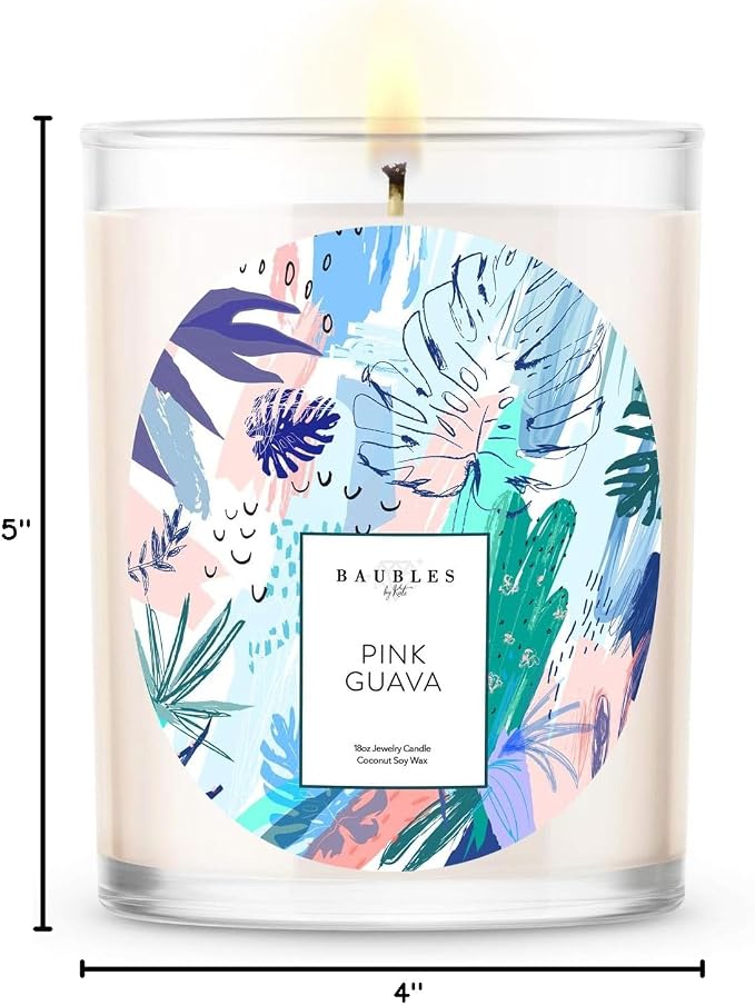 Baubles Pink Guava Scented Premium Candle and Jewelry with Surprise Ring Inside | 18 oz Large Candle | Made in USA | Parrafin Free | Size 08