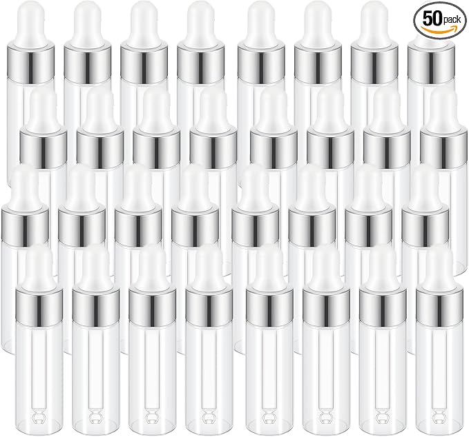 Sample Dropper Bottles, Mini Dropper Bottles with 2 Pcs Plastic Droppers for Traveling Essential Oils DIY Cosmetic Liquid Sample Perfume (Silver, 5ML)