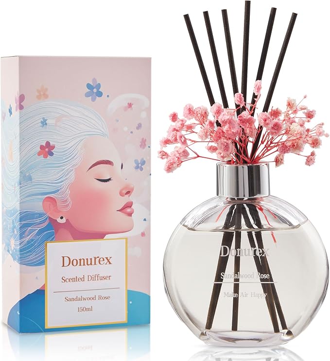Flower Reed Diffuser Set 5.07oz Sandalwood Rose Scent Diffuser with Sticks Home Fragrance Reed Diffuser for Bathroom Shelf Decor