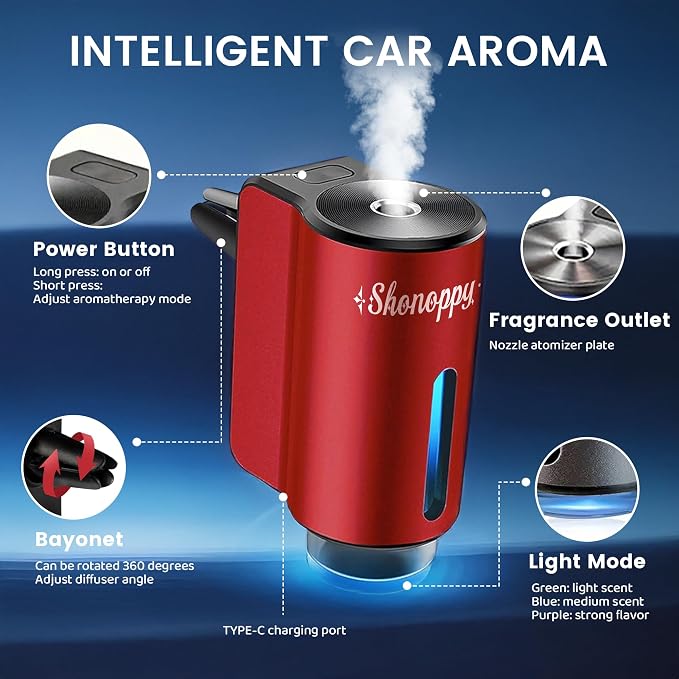 Car Air Freshener Diffuser,Smart Car Aroma Diffuser Air Freshener Spray Automatic with 10PCS Cologne Aromatherapy Oil (red)