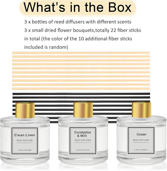 Reed Diffuser Set of 3 Pack,Clean Linen,Vanilla,Lemongrass Scented Oil Diffuser with 4 Sticks,Reed Diffusers for Home,Living Room,Bathroom Air Freshener Diffuser,50ml x 3