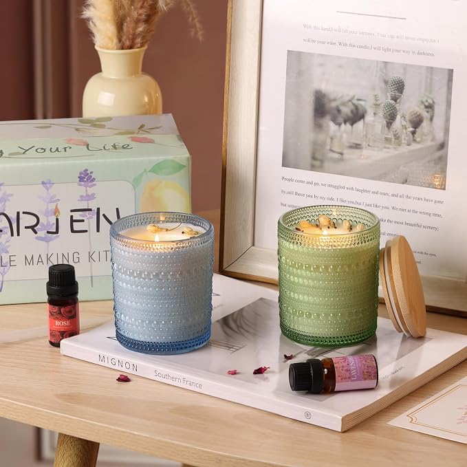 DARJEN Candle Making Kits for Beginners, DIY Starter Scented Candles Making Kit - 2 Glass Jars(Blue, Green), Soy Wax, Scented, Card & More, Full Soy Candle Making Supplies Set Perfect Gifts