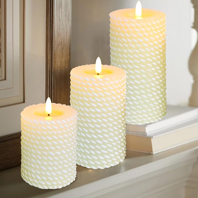 Flameless Candles Set of 3, White Real Wax Rope Theme Battery Operated LED Candles with Remote Control and Timer for Gift Home Festival Decor