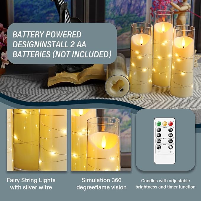 Eebuss Flameless Candles with Embedded Star String, Battery Operated LED Pillar Candles with Timer and Remote Control,Home Decorating for Ambiance, Set of 9 (Ivory)