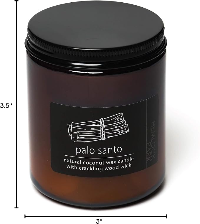 Hemlock Park Palo Santo Apothecary Scented Candle | Crackling Wood Wick, Botanical Fragrance & Coconut Apricot Wax | Up to 60 Hour Burn Time | 8 oz | Made in USA