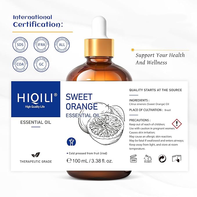 HIQILI 100ML Orange Essential Oil for Air Freshener, DIY Soap, Skin Care, Can be Added to Diffusers, Dryer Balls, Lotions for Use - 3.38 Fl Oz | Aromatherapy for Diffusers & Air Freshening, Skin Care, DIY for Cleaning Spray, Hand Soap, Candle & Soap
