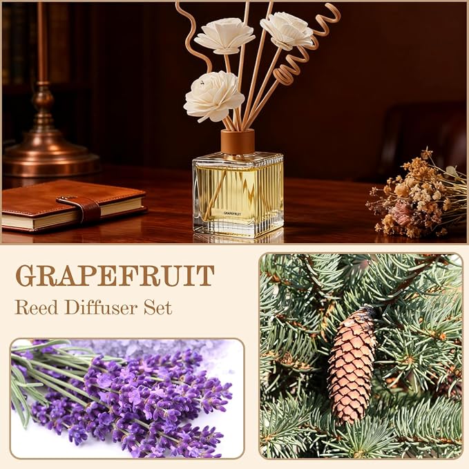 Lavender & Cedarwood Reed Diffuser - 6.7 oz Glass Bottle with 4 Rattan Sticks, 3 Dried Flowers | Adjustable, Long-Lasting Scent for Home, Bedroom, Living Room, Office, Bathroom | Aromatherapy Gift