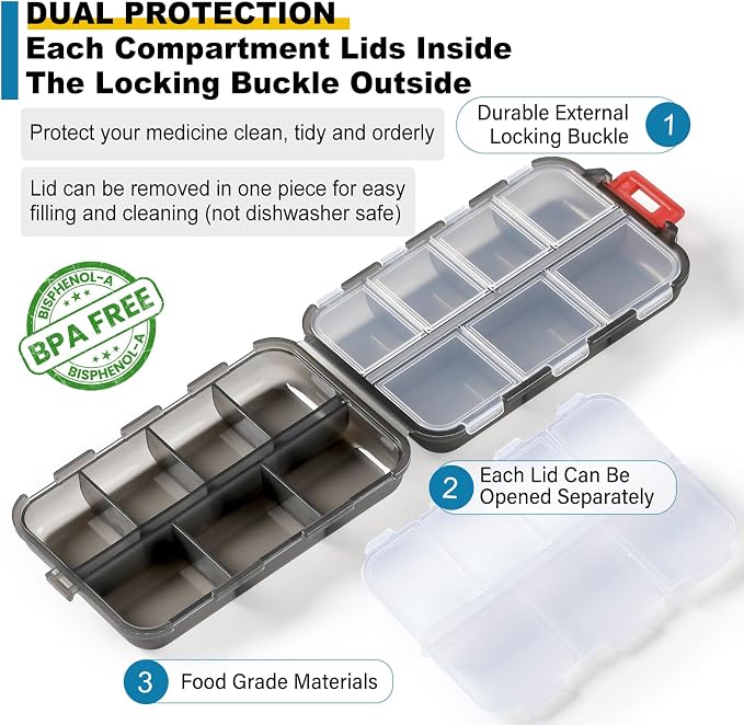 14 Grids Travel Pill Organizer Box with 415-Pcs Medicine Name Labels - Pocket Daily Pharmacy Case Container Kit - Travel Medication Holder Dispenser for Fish Oil Vitamin Supplement Storage -Clear Grey