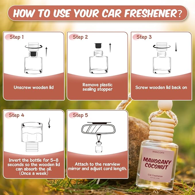 Premium Car Air Freshener Diffuser Set (2 Pack) - Mahogany Coconut Fragrance Oil, 45+ Day Long-Lasting Hanging Auto Freshener