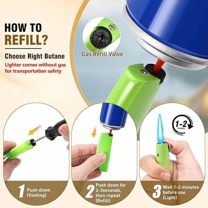 Women's Mini Butane Torch Lighter, Windproof Jet Flame Refillable Adjustable Candle Lighter for BBQ, Camping, Daily Use, Ideal Gift, 2 Pack (Green, Butane Not Included)