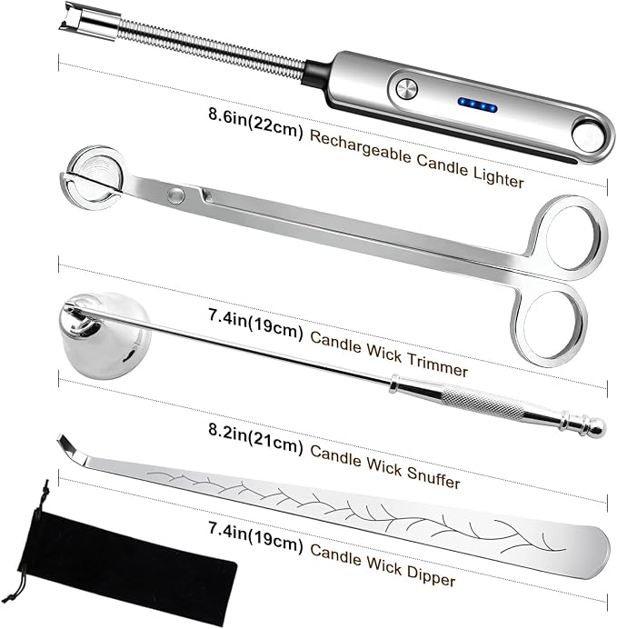4 in 1 Candle Accessory Set, Electric Lighter, Wick Cutter, Snuffer and Dipper, Steel Wick Trimmer Set - Silver