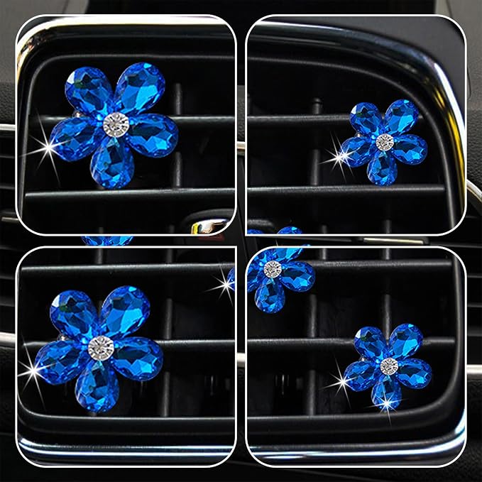 Bling Daisy Flower Car Air Vent Clips, 5PCS Sparkling Crystal Rhinestone Cute Vehicle Air Conditioning Clamp, Diamond Auto Air Outlet Clip Decor for Women Girls (Blue)