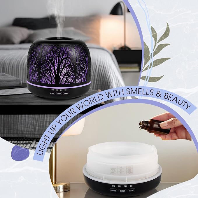 ARVIDSSON 500ml Essential Oil Diffuser, Metal Diffusers for Essential Oils, Aromatherapy Diffuser for Large Room, Color Mood Light & Mist Timer Setting, Gift for Women - Black Tree