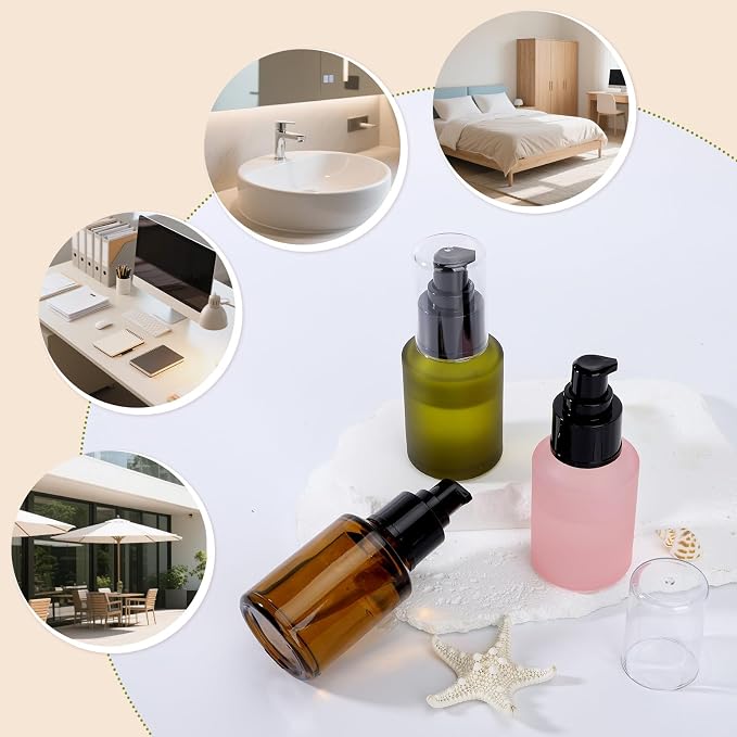 Segbeauty 2oz Frosted Glass Pump Bottle Dispenser, 3pcs Empty Travel Size Bottles with Pump, 15ml Refillable Travel Lotion Container, Mini Liquid Containers for Creams Oils Bottle in Mixed Color