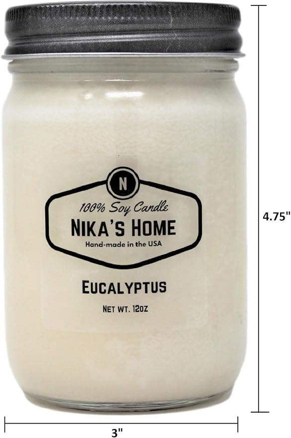 Nika's Home Eucalyptus Soy Candle - 12oz Mason Jar - Non-Toxic - Hand Poured in The USA, Long Burning 50-60 Hours Highly Scented All Natural, Clean Burning