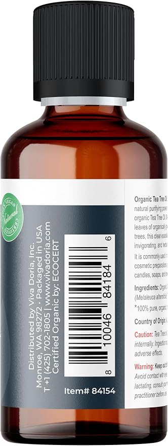 Viva Doria Tea Tree Essential Oil, USDA Certified, Organic Tea Tree Oil, 100% Pure, Natural Essential Oil, Undiluted, for Aromatherapy | Food Grade, 30 mL (1 Fluid Ounce)