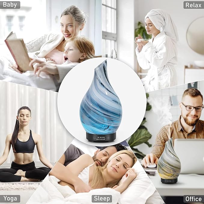 Aromatherapy Essential Oil Diffuser for Home- Art Glass Diffuser for Essential Oils with Waterless Auto Shut-Off 4 Timer 7 Colors LED Night Light for Home Office Decor Gifts for Women
