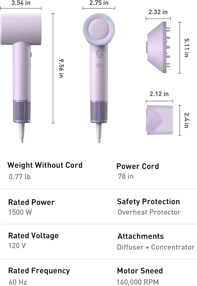 High-Speed Hair Dryer, 160,000 RPM Brushless Motor for Ultra-Fast Drying, 500M Ionic Negative for Frizz Reduce, Low Noise Thermo-Control Blow Dryer with Diffuser for Curly Hair Women and Men,Purple