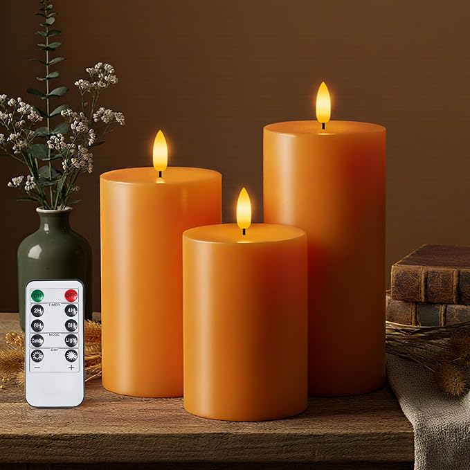 Homemory Halloween Orange Flameless Candles Battery Operated with Remote Timer, Real Wax LED Pillar Candle for Halloween Decoration, Fall Decor, Harvest Festival Gifts, H456, Set of 3