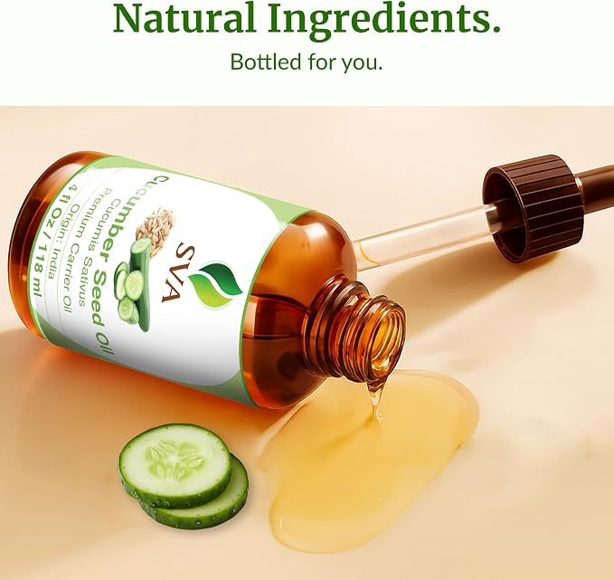 SVA Cucumber Seed Oil - 4 Fl Oz – 100% Natural Cold Pressed Cucumber Oil - for Face, Skin Care, Hair Care, Scalp Massage & Body Massage – Carrier Oil with Dropper