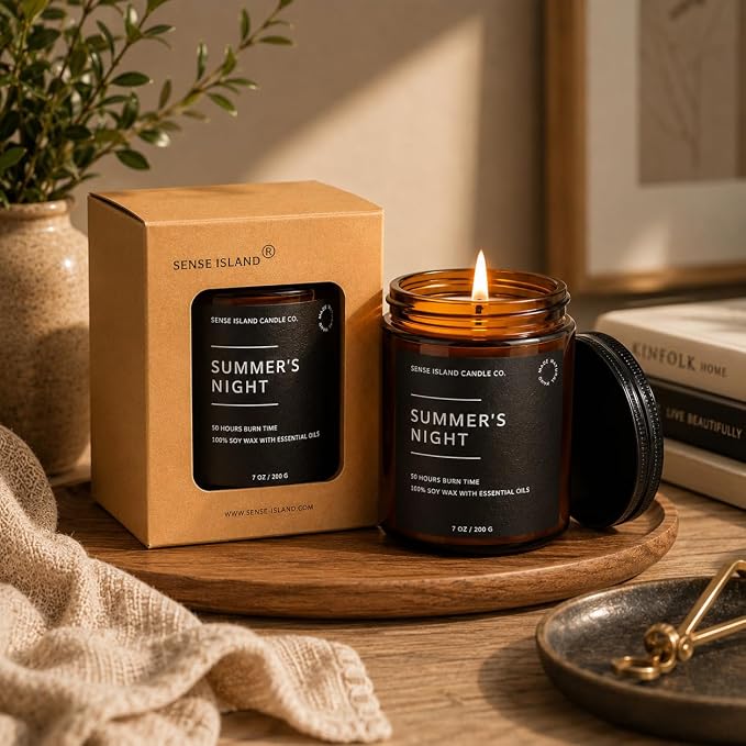 Summer's Night Scented Candles for Men&Women | 100% Natural Soy Candle 7oz, up to 50 Hrs Burn Time Highly Scented Premium Scented Candle Amber Glass Jar