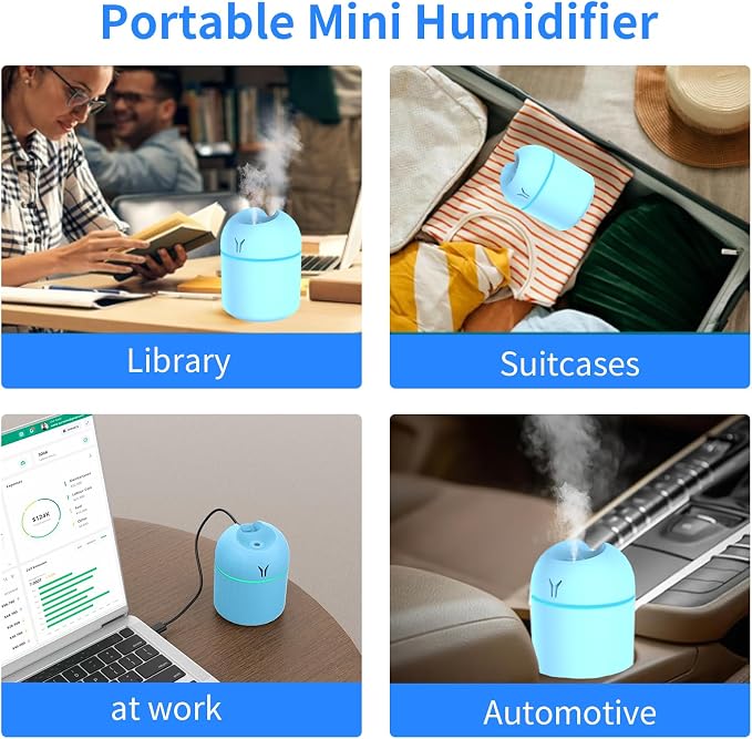 Portable Mini Humidifier, 250ML Small Humidifier, 3-in-1 Colorful Mini Humidifier + Night Light + Car Humidifier, Cool Mist Humidifier with Aroma Pads, USB Portable Humidifier For Travel (Blue)