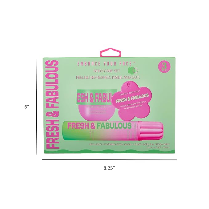EXPRESSIONS 3pc Body Care Set – Fresh & Fabulous Rose & Sandalwood Scented Skin Smoothing Kit – Includes Foaming Body Wash, Body Scrub, and Fragrance Mist – 3-Piece Self-Care Gift for Women & Teens