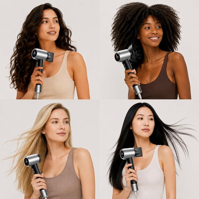 FUTURE Smart Hair Dryer with Diffuser, Touchscreen Control, Auto Hand Detection, 15 Settings, 500 Million Negative Ions, 140,000 RPM Brushless Motor, High-Speed Fast Drying Blow Dryer for Salon & Home