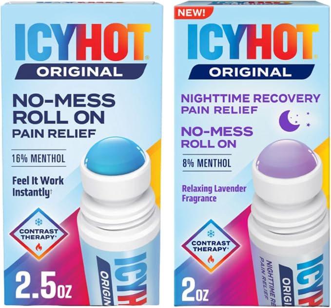 Icy Hot Original (2.5 oz.) & Nighttime Recovery (2 oz.) Pain Relief No-Mess Roll-On Applicator, Fast-Acting Pain Relief, Contrast Therapy for Backaches, Joints, Muscle Strains and Arthritis