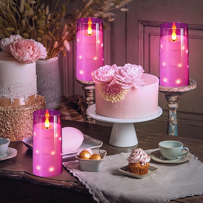 NURADA 3"x6"Flickering Flameless Candles: Built-in Star String Lights 3D Wick Battery Operated LED Pillar Candles with Remote and Timer for Table Wedding Centerpieces Party - 2 Pack Purple