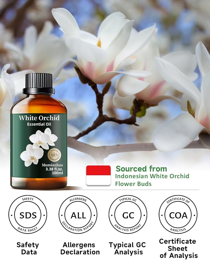 White Orchid Essential Oil, Pure White Orchid Oill Mumianhua Premium Perfume Concentrate for Diffuser, Luxury Scented Candles & Skin-Safe Perfume Making, 3.38 Fl Oz w/Dropper