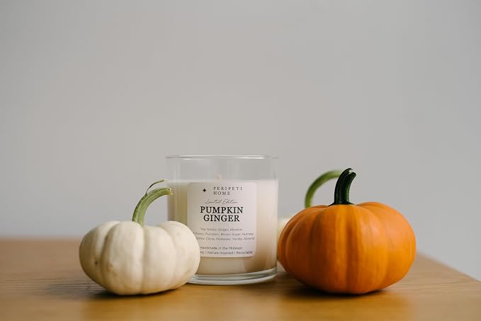 PERIPETI Home Pumpkin Ginger Scented Candle, Wooden Wick β 8.5oz Natural Soy Wax for Energizing Aromatherapy, Long-Lasting Burn with a Cozy Fall Scent