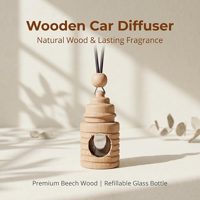 2 Pack Hanging Car Air Freshener Diffuser, Refillable Glass Bottle with Wooden Cap, Long Lasting Drift Car Air Freshener for Essential Oils - Car Fresheners, Car Accessories-A6