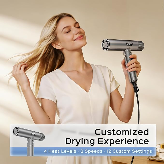 Foldable hair Dryer with Diffuser - 1600W Professional High Speed Blow Dryer with Comb,100,000RPM Fast Dry,salon-quality results,4 Temps & 3 Speeds,Low Noise, Portable for Home & Travel & Gym