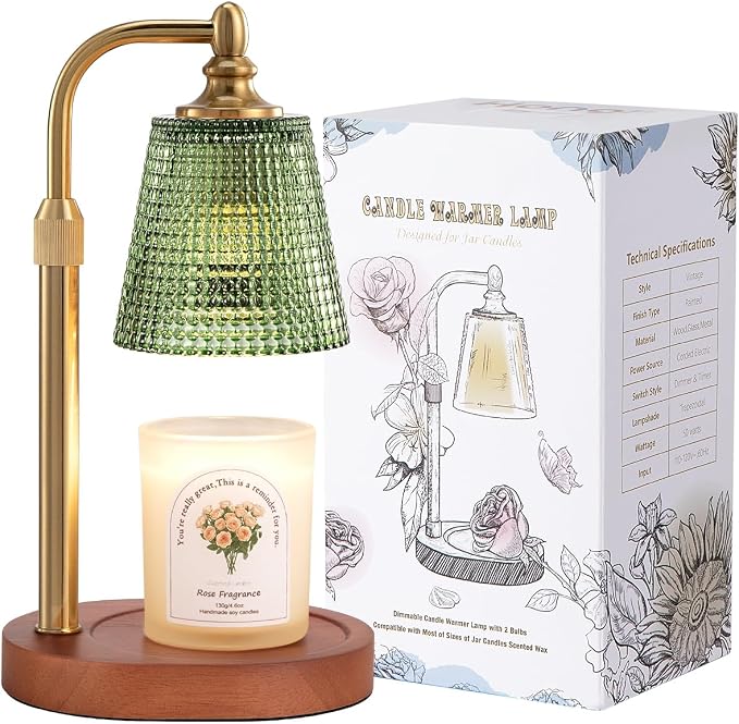 Hong-in Candle Warmer Lamp with Timer Dimmer, Birthday Gifts for Women, House Warming Gifts for New Home, Vintage Room Decor, Adjustable Height Candle Lamp, Wax Warmer for Scented Jar Candles, Green