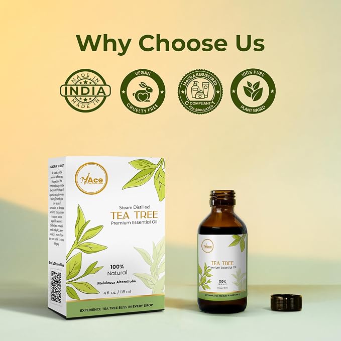 My ACE Tea Tree Essential Oil 4 Fl Oz - 100% Pure & Natural - Premium Grade for Aromatherapy, Diffuser, Skin, Hair, Massage, Candle & Soap Making, Home - Glass Bottle with Dropper - Long Lasting Scent