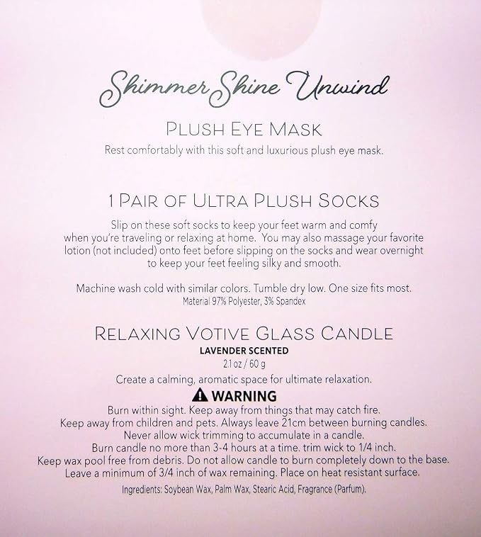 Shimmer Shine Unwind Relaxation Spa Bath Gift Set with Pink Plush Eye Mask, Plush Socks and Lavender Votive Candle
