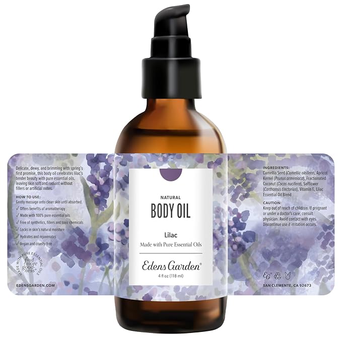 Edens Garden Lilac Body Oil – Bath, Body & Massage Oil with Pure Essential Oils & Vitamin E, Moisturizing Floral Aromatherapy for Skincare, 4 fl oz (118 ml)