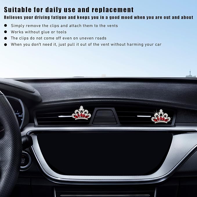 Augeny 2 PCS Bling Car Air Vent Clips, Crystal Rhinestone Crown Air Freshener Outlet Diffuser Clip, Auto Air Conditioning Clip Charm for Women Girls, Interior Decor Car Accessories (Red)
