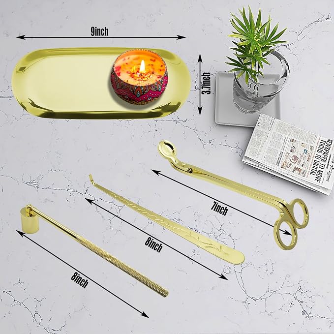 YOUTUOY 4 in1 Candle Accessory Set with Storage Tray Plate, Candle Wick Trimmer, Candle Wick Snuffer, Candle Wick Dipper, Great for Scented Candles Lovers (Gold)