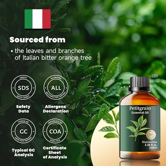 Petitgrain Essential Oil, Pure Mumianhua Natural Citrus‑Woody Aroma for Bedtime Serenity & Pillow Mist, Evening Wind‑Down, Diffuser, Skin, Hair, Candle Making – 3.38 Fl Oz
