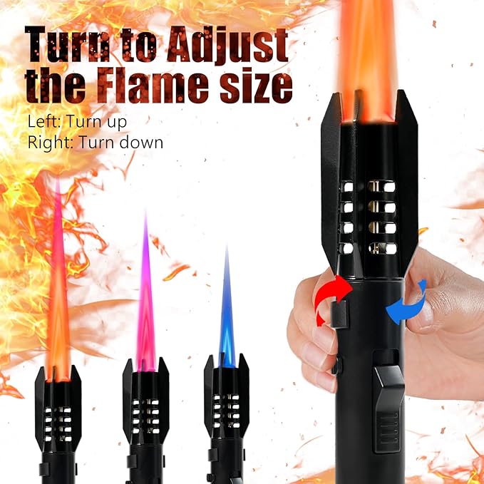 Camping Torch Lighter, Bright Fire Windproof Butane Refillable Straight Flame Lighter with Safety Lock and Adjustable Red Blue Flame for Tactical Outdoor Hiking Campfires BBQ Kitchen Candles (Blue)