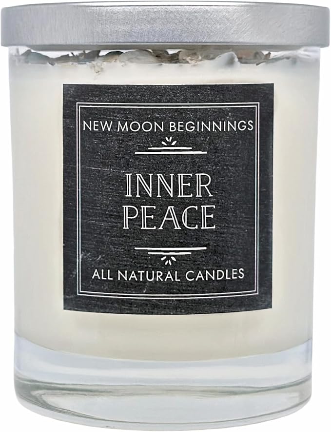 Inner Peace Candle by New Moon Beginnings - Dried Flower, Herb, & Crystal Candles - Soy Candle - All Natural Aromatherapy Candle - 7.75 oz Glass Jar
