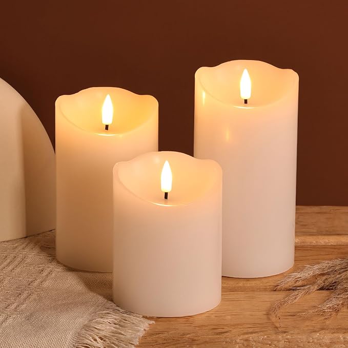 White Flameless Pillar Candles with Remote, LED Candles Battery Operated, Real Wax Electric Candles Flickering Set of 3